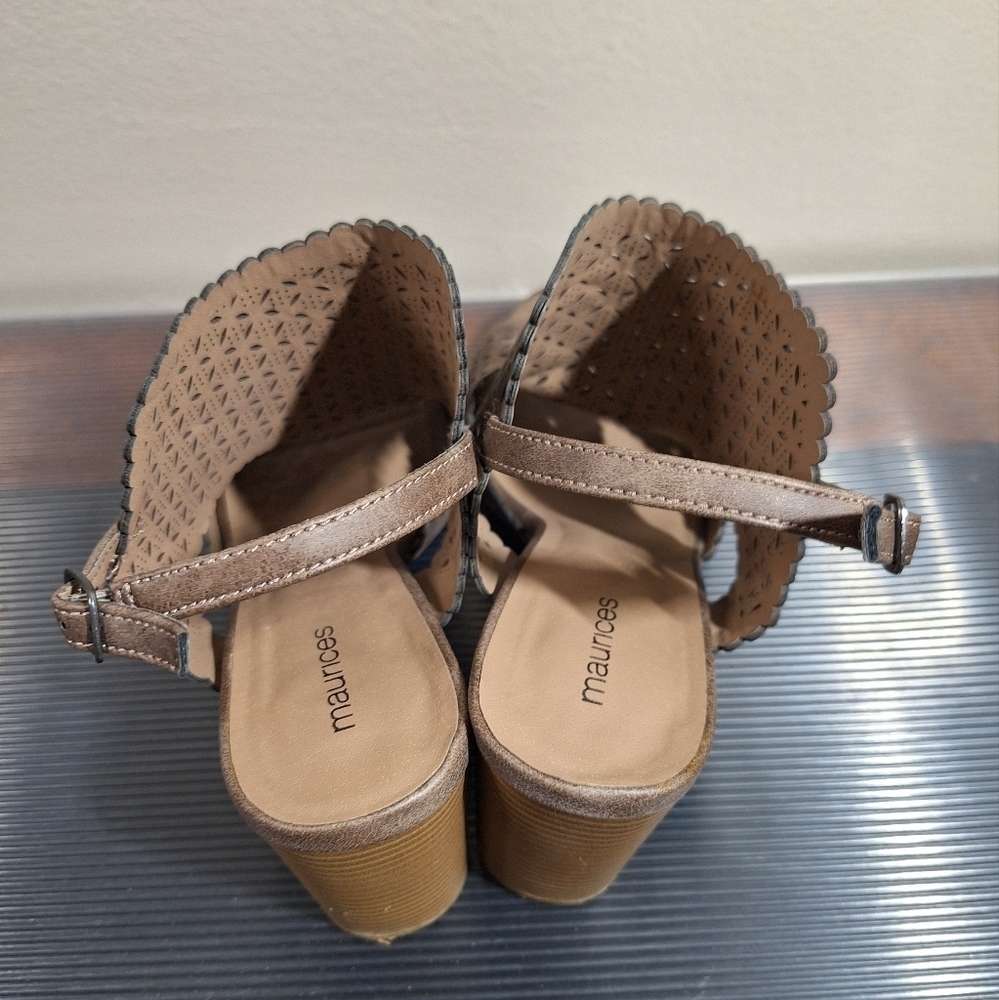 Maurices Taupe Boho Cut Out Scalloped Open Toe Slingback Stacked Heel Sandals - Picture 9 of 16